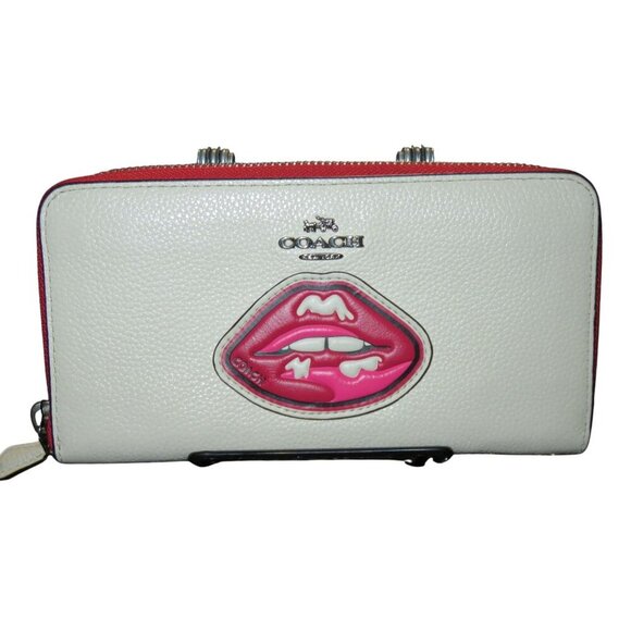 Coach Red Lips White Leather Accordion Zip Around Long Wallet - Picture 3 of 12